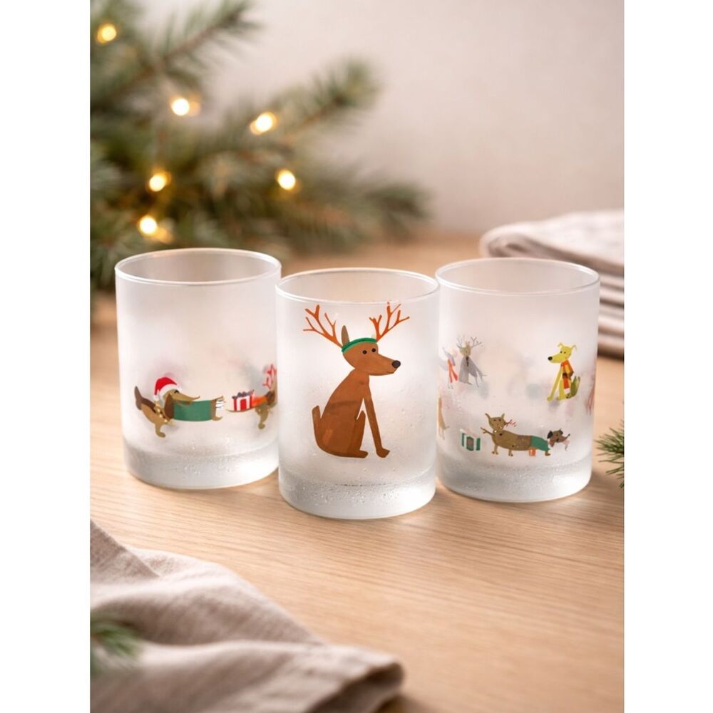 EUC Culver Set of 3 Festive Holiday Frosted Tumblers - 14oz - Dogs & Reindeer